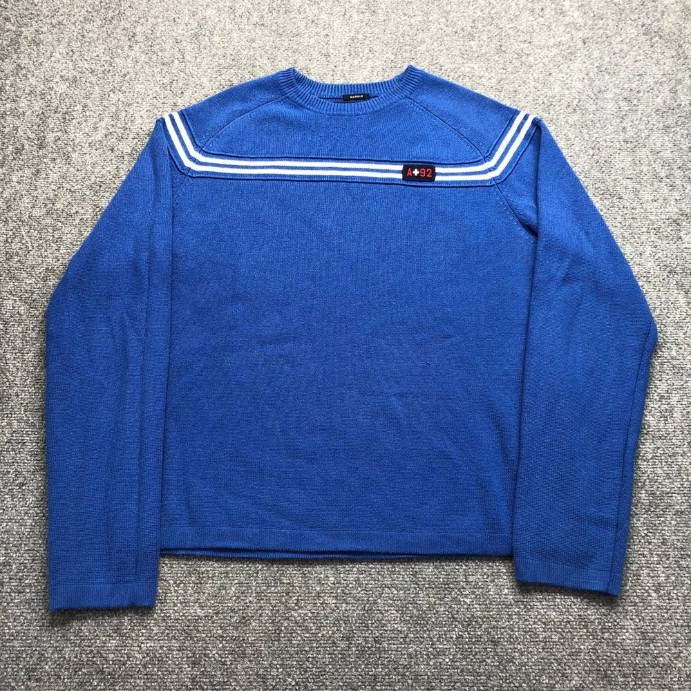 Abercrombie & Fitch Mens XL Blue Muscle Fit Racing Stripe Crewneck Sweater A+92